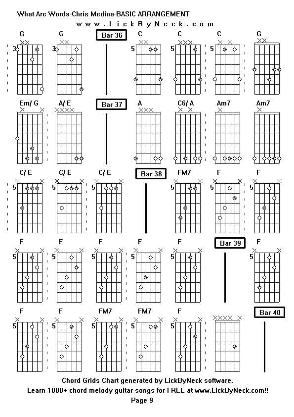 Chord Grids Chart of chord melody fingerstyle guitar song-What Are Words-Chris Medina-BASIC ARRANGEMENT,generated by LickByNeck software.